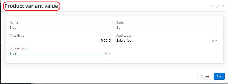1.3. When clicking on +New in Values list, a new window will open, the Product Variant Values window. There, define the name and the code of a new value. It's also possible to enter it's Application in dedicated field and define if it's a cost price / sale price / or purchase price.  Add display color if there is a need, and an overcharge in Price extra field if a certain color is sold for a higher price. If you click on an already existing value in its field, the Product variant value window will open so it's going to be still possible to add Price Extra or change the field of Application. However, you won't be able to add new values to an already existing one via this field.